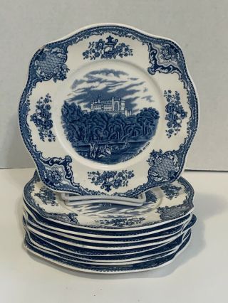 9 Johnson Brothers England Old Britain Castles Blue Square Salad Plates 7.  75”