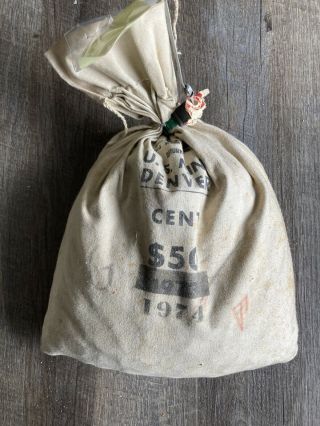 1974 D Uncirculated Penny Cent Canvas Bank Bag 5000 Coins $50 Face Copper