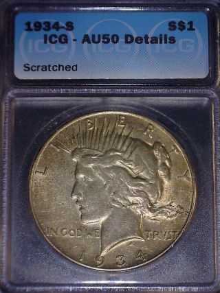 1934 - S Peace Silver Dollar Icg Au50,  Key Date,  Un - Touched Photos
