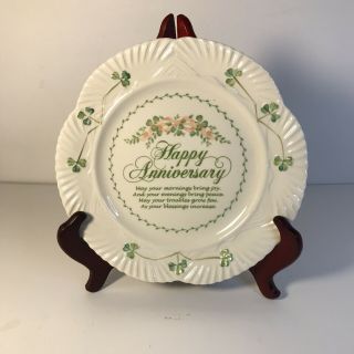 Beleek “happy Anniversary” Plate 9” Porcelain Shamrock Design W/ Irish Blessing