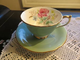 Charming Aynsley Bone China Tea Cup & Saucer Pink Rose Floral Green & Gold Exc