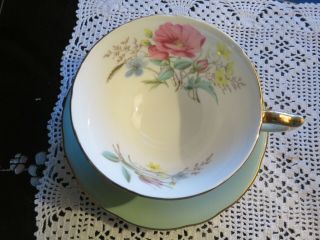 Charming Aynsley Bone China Tea Cup & Saucer Pink Rose Floral Green & Gold EXC 2