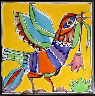 Desimone Italy Hand Painted Abstract Ceramic Art Tile Colorful Tropical Bird
