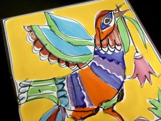 DESIMONE ITALY HAND PAINTED ABSTRACT CERAMIC ART TILE COLORFUL TROPICAL BIRD 2