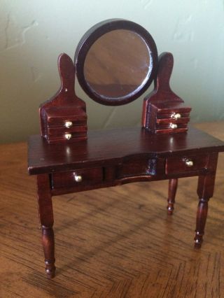 Dollhouse Miniature Wood Vanity W/tilting Mirror And Sliding Drawers