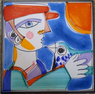 Desimone Italy Hand Painted Art Tile - Abstract Man Holding Bird