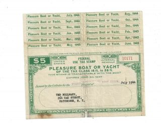 Us Stamps Revenues Special Tax Stamp Pleasure Boat Or Yacht 1945 Ecv 75.  00