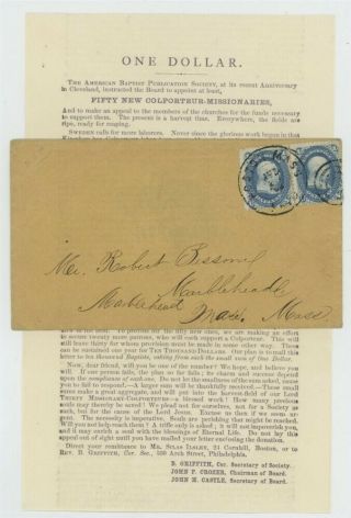 Mr Fancy Cancel 63 Pair Cover Boston Ma American Baptist Request $1 Missionaries