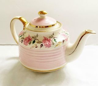 Vintage Sadler Teapot Pink Roses W Gold Trim Pink Ribbed Body & Lid 3488 Uk