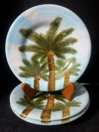 Tabletops Gallery Baja Palm (3) 8.  5 " Salad Plates Hand Painted Ceramic Very Good