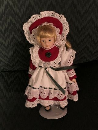 8 Inch Miniature Porcelain Doll Collectible Red And White Dress Comes With Stand
