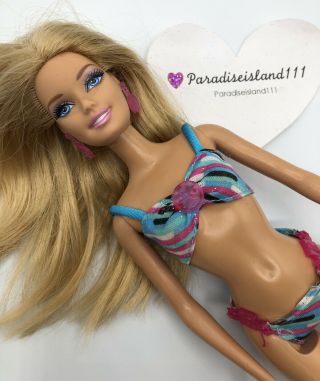 Barbie Bath Pool Play Fun Doll In Blue Pink Print Bikini Swimsuit