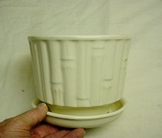 Vintage Mccoy Pottery Bamboo White Flower Pot Planter & Saucer