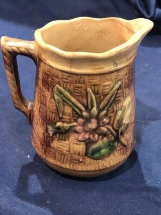 Early American Majolica Brown Glazed Creamer Pitcher With Pink Blossom Design