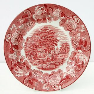 Set Of 6 Woods Ware Pink /red Transfer Ware English Scenery Dinner Plates