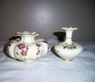 Set Of 2 Zsolnay Hungary Porcelain Hand Painted Floral Bud Vases 3  & 3 1/2 "