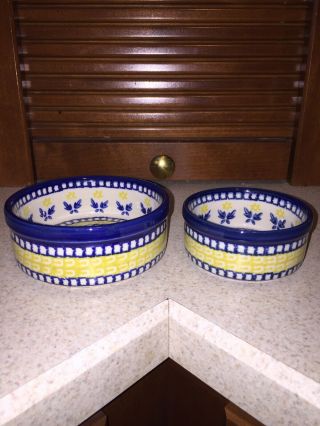 Polish Pottery Stoneware Unikat - 426 2 Bowls Yellow Blue White Signed B.  Fidelus