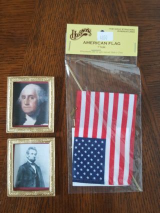 Miniature Dollhouse American Flag,  Framed Pictures Washington,  Lincoln