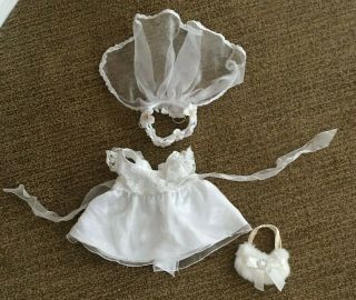 Build A Bear Bride White Lace & Satin Wedding Gown Dress Veil W/ Flowers & Purse
