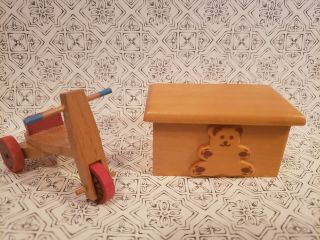 Dollhouse Miniature 1:12 Wooden Scooter And Toy Box