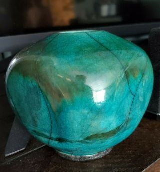 Studio Pottery Weed Pot Vase - Raku Fired Signed Turquoise Crackle Iridescent