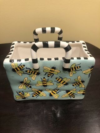 Patricia Dupont Hand - Painted Ceramic Bee Yellow Shopping Bag Vase 1999 6x5x4”