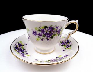 Queen Anne England 8625 Violets & Gold Trim 2 7/8 " Footed Cup & Saucer