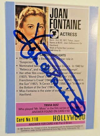 1991 Starline Joan Fontaine Autographed Hollywood Walk Of Fame Trading Card