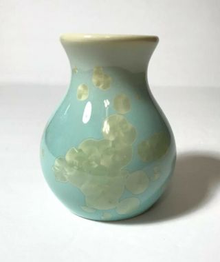 Small Crystalline Pottery Vase Signed By Artist 3 3/4” Green Blue