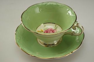 6 Vintage Paragon Fine Bone China Tea Cup & Saucer Green W/pink Rose