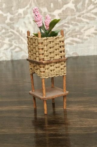 1/12 Dollhouse Miniature Wicker Plant Stand With Potted Pink Geranium