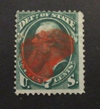 1873 Us S O61 State Dept 7c Dk Green Official Mail Hard Paper Stamp Red