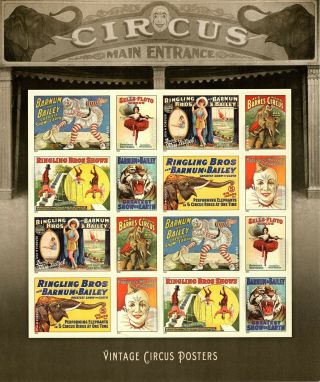 U.  S.  4898 - 4905 (4905a) Vintage Circus Posters Forever Sheet Of 16 Vf - Xf Mnh