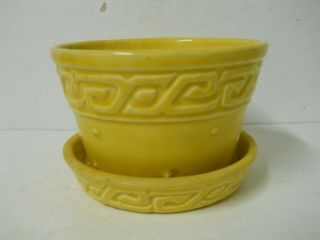 Mccoy Pottery Yellow Flower Pot W/ Attached Saucer Greek Key Bands Hobnail