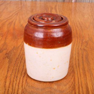 Vintage Brown White Stoneware Spice Jar Crock Small Size With Lid