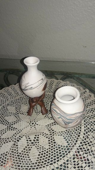 2 Nemadji Art Pottery Vases,  W/ 1 Handcarved Wood Stant,  Handmade In The U.  S.  A
