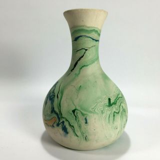 Vintage Authentic Nemadji Pottery Blue Green Swirl 6 Inch Vase