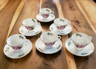 Vintage Royal Sealy China Floral Design Tea Cups And Saucers Set Of 6