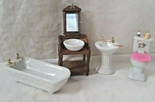 Vintage Doll House Miniature Bathroom Set Sink Tub Toilet Basin & Bowl