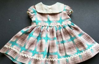 Vintage Brown,  White And Turquoise Plaid Doll Dress For Large 24 26 " Dolls