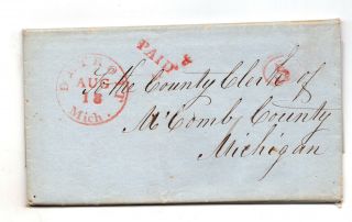 1847 Us Stampless Cover Folded Letter Michigan Red Paid 5 County Clerk Id 2103