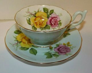 Eb Foley Heathcote Tea Cup And Saucer Pale Green White W/ Pink And Yellow Roses