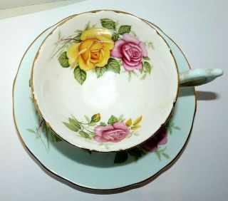 EB Foley Heathcote Tea Cup and Saucer Pale Green White w/ Pink and Yellow Roses 2