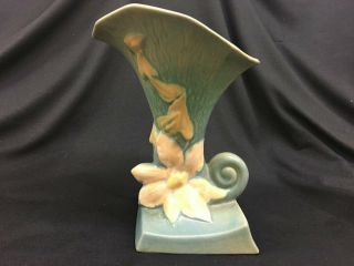Vintage Roseville Pottery Clematis Cornucopia Vase - Green/blue Glaze - 8 " Tall