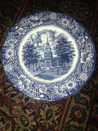 4 Staffordshire China Liberty Blue Independence Hall Dinner Plates,  Good Cond