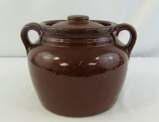 Vintage Brown Glaze Stoneware Crock Bean Pot With Handle And Lid