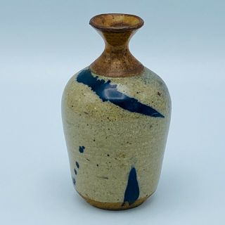 Studio Art Pottery Vase Brown Tan & Blue Stoneware Narrow Neck Wheel Thrown
