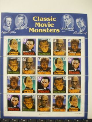 Vintage Stamps,  Full Sheet Of 20 Classic Monster Movie Stamps,  1996 (tsh88)