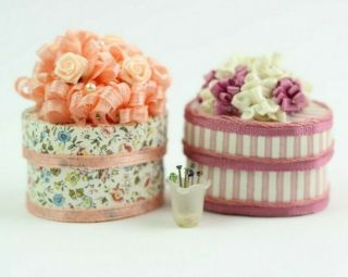 Dollhouse Miniature Handmade Hat Box Opens Gift Box Set Of 2,  Cup Of Hat Pins