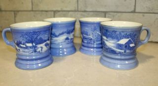 4 Vintage Currier & Ives Coffee Mug Cup Homestead Winter Series Copenhagen Blue